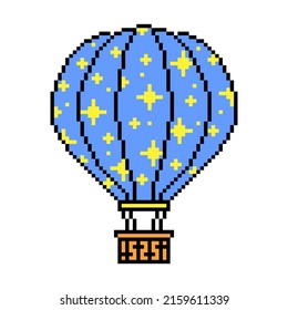 Pixel art blue hot air balloon with yellow star print. Old school vintage retro 80's, 90's 8 bit slot machine, computer, 2d video game graphics. Aircraft festival logo. Summer holiday activity.