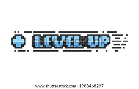 Pixel art blue level up text design.