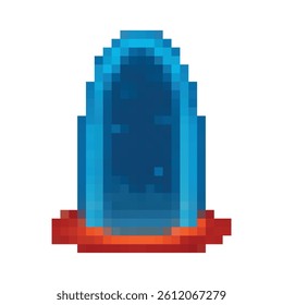 Pixel art blue magic portal with red base. Perfect for 2D games, fantasy RPGs, teleport effects, or sci-fi adventures. Retro 8-bit style with transparent background for easy integration.