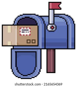 Pixel Art Blue Mailbox With Parcel In Cardboard Box Vector Icon For 8bit Game On White Background

 