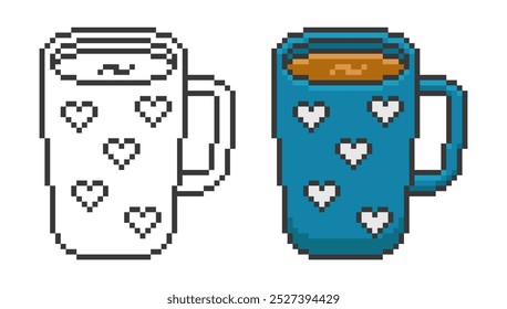 Pixel Art Blue Mug with Hearts. Vector illustration