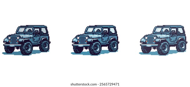 Pixel art of a blue off-road vehicle with large tires and detailed shading