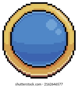 Pixel art blue round button for game and app interface vector icon for 8bit game on white background
