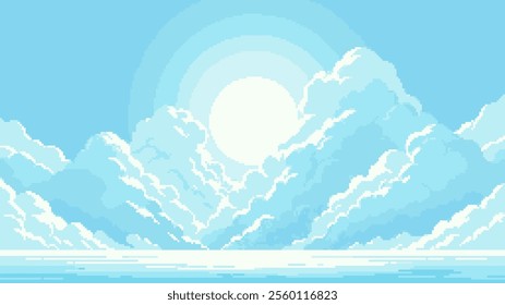 pixel art blue sky background with clouds, game level 8 bit landscape, arcade video game, vector illustration