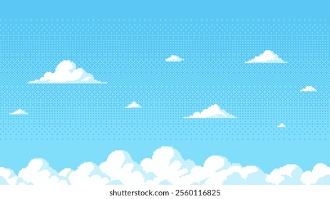 pixel art blue sky background with clouds, game level 8 bit landscape, arcade video game, vector illustration