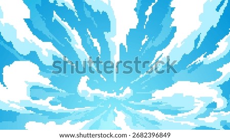 Pixel art blue sky background with white clouds. Retro 8 bit video game landscape. Vector illustration.