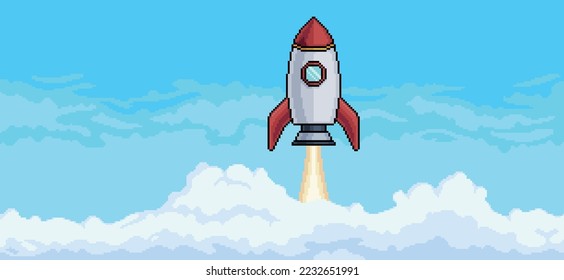 Pixel art blue sky with clouds and rocket flying background vector for 8bit game

