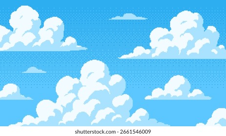 Pixel art cielo azul con fondo de nubes blancas. Ilustración de Clima de estilo de juego retro. Escena al aire libre del día claro para el fondo.