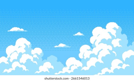 Pixel art cielo azul con nubes blancas. Ilustración de arte digital. Paisaje de dibujos animados para juego, Anuncio de Web o libro para niños.