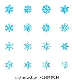 Pixel art blue snowflakes vector icon set.
 Sign for web, mobile design and 8 bit games. Vector illustration. Christmas, winter, holiday symbol.