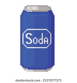 Pixel art blue soda Can. Icono con la reflexión en el fondo blanco