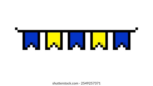 Pixel art blue and yellow brazilian festa junina decoration flags and banners vector icon for 8bit game on white background