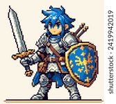 pixel art a blue-haired warrior wearing armor and carrying a shield and sword. He is the leader of a group of brave and loyal adventurers. 8 bit.