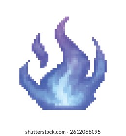 Pixel art blue-purple magic flame. Ideal for 2D games, fantasy spells, elemental attacks, or energy effects. Retro 8-bit style with transparent background for easy game asset use.