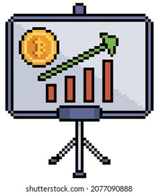 Cartel de arte con gráfico de bitcoin. Análisis de precios de criptodivisa. Pancarta de presentación de finanzas. vector de 8 bits sobre fondo blanco
