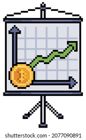 Cartel de arte con gráfico de bitcoin. Análisis de precios de criptodivisa. Pancarta de presentación de finanzas. vector de 8 bits sobre fondo blanco
