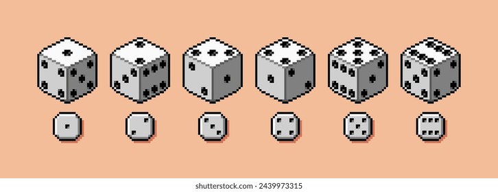 Pixel art board games dice roll. Classic six sided dice for tabletop game, 8-bit retro vector illustration set