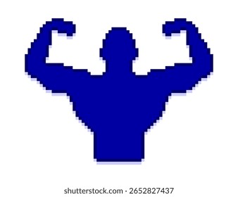 Pixel arte do símbolo bodybuilder. Ícone de homem forte pixelizado para cima. Logotipo do estúdio da academia.