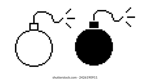 pixel art bomb icon set isolated on white background