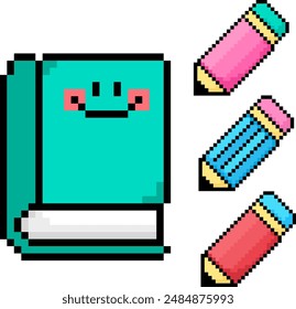 pixel art book and pencil vector game 8 bit. book icon logo.