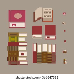 pixel art book set isolated on grey background, 8 bit game graphics style vector illustration set.
