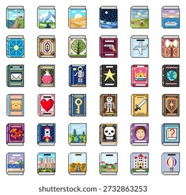 Conjunto de iconos de libros de arte de píxeles. Fantasía, viajes, ciencia ficción, aventura y muchas otras portadas. Ilustración vectorial