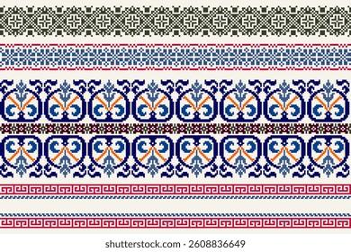 Pixel art border embroidery pattern. Repeating Baroque ornament pattern design with floral. Symmetrical and Clean, white background. For use as neckline embroidery, neckline design, print, textile.