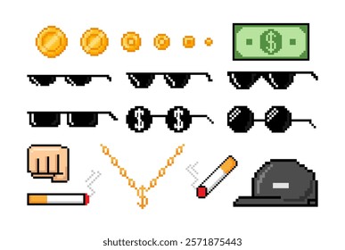 Pixel art Boss attributes. Boss, gangster elements. Comic pixelated bandit gangsta accessories. Street rapper coins and money, chain, sunglasses, fist, cap, cigarette vector set.