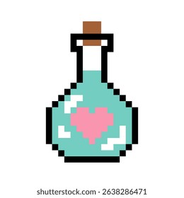 Pixel art bottle of liquid with a heart on it. The heart is pink. design for all business.