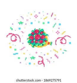 Pixel art bouquet of flowers with confetti burst. Vector illustration.