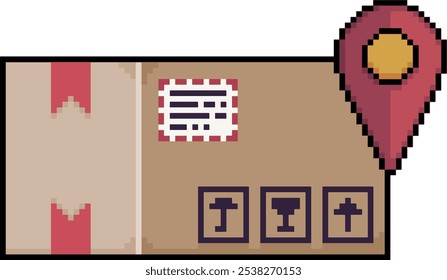 Pixel art box with a GPS location pin, parcel icon with location pin in 8-bit style on white background