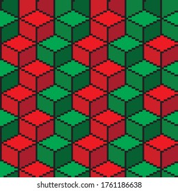 Cajas de arte de píxeles fondo isométrico. Fondo de los cuadros verde y rojo. Imagen vectorial.