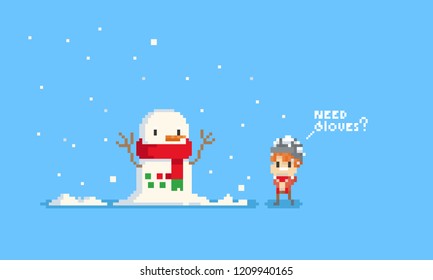 Pixel art the boy asking snowman to give winter gloves