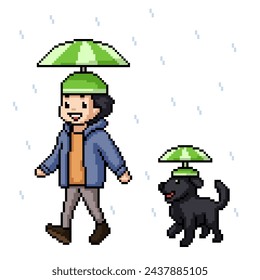 pixel art of boy dog rain isolated background