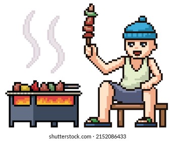 Pixel Art Of Boy Enjoy Barbecue