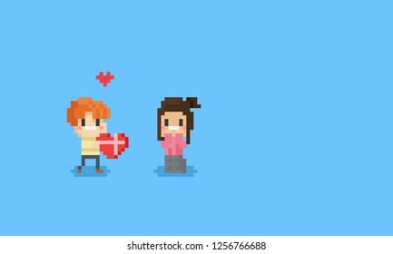 Pixel art boy give a valentine present to girl.