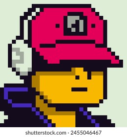 Pixel art boy en auriculares, personaje masculino 8-bit, 80-s, avatar, cara de hombre, NFT, ícono de Vector de dibujos animados, usuario de juegos, personas de perfil de Web, personas, retrato de red social. Token no fungible.