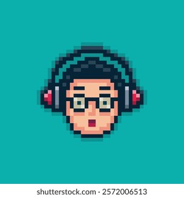 A pixel art of boy wearing glasses and listening to music using headphone with  astonishment expression. Vector illustration, the drawing style is typical of 8-bit or 16-bit video game graphics.