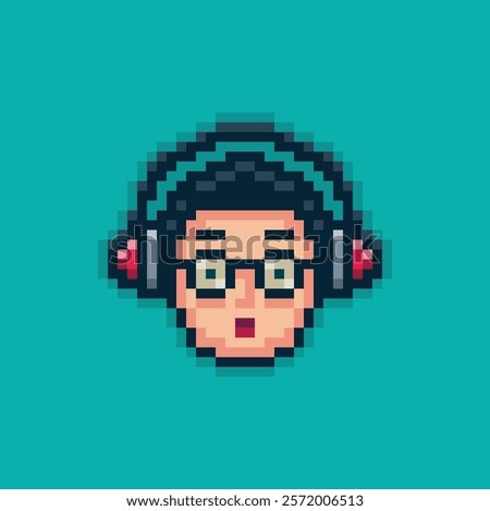 Pixel art of boy wearing glasses and listening to music using headphone with  astonishment expression. Vector illustration, the drawing style is typical of 8-bit or 16-bit video game graphics.