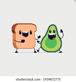 Pixel art bread loaf and avocado cute characters greeting each other