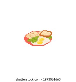 Pixel art breakfast. Retro pixel bit icon of plate with greens, eggs, toasts and mashed potato. Breakfast plate for game, assets, print, app, sticker, web design, fabric, paper, decoration. Vector.