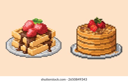 Pixel Art Breakfast Set Waffles and Pancakes with Strawberries. A delightful set of 8-bit style pixel art breakfast dishes.