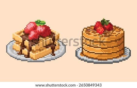 Pixel Art Breakfast Set Waffles and Pancakes with Strawberries. A delightful set of 8-bit style pixel art breakfast dishes.