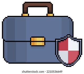 
Pixel art briefcase with security shield vector icon for 8bit game on white background