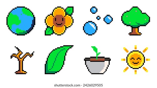 Pixel Art Helle Farbe Umgebungsbezogene Symbolsatz