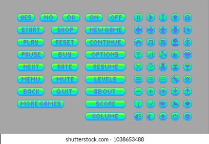 Pixel art bright buttons. Vector assets for web or game design. Decorative GUI elements. Aqua color theme.