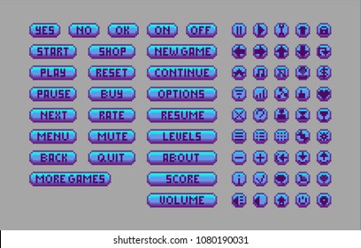 Pixel art bright buttons. Vector assets for web or game design. Decorative GUI elements. Metallic color theme.