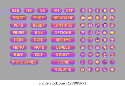 Pixel art bright buttons. Vector assets for web or game design. Decorative GUI elements. Bubble gum color theme.