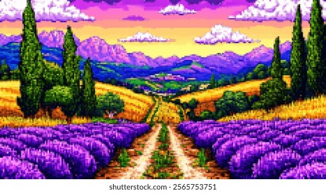 Pixel art with bright colors and details - Cypresses, Lavender fields on the background of the mountain range