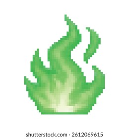 Pixel art bright green flame. Perfect for 2D games, toxic magic, nature spells, or fantasy effects. Retro 8-bit style with transparent background for easy integration in game assets.